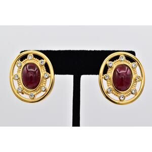 Givenchy Vintage Red Cabochon Clip On Earrings Oval Gold Signed NOS 1980s Bin7